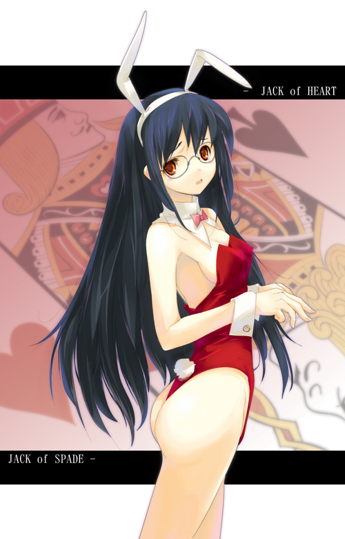 dasoku sentarou, original, 1girl, animal ears, ass, bare legs, bare shoulders, black hair, breasts, card, card (medium), fake animal ears, female focus, glasses, leotard, long hair, open mouth, playboy bunny, rabbit ears, sideboob, small breasts, solo, standing, yellow eyes