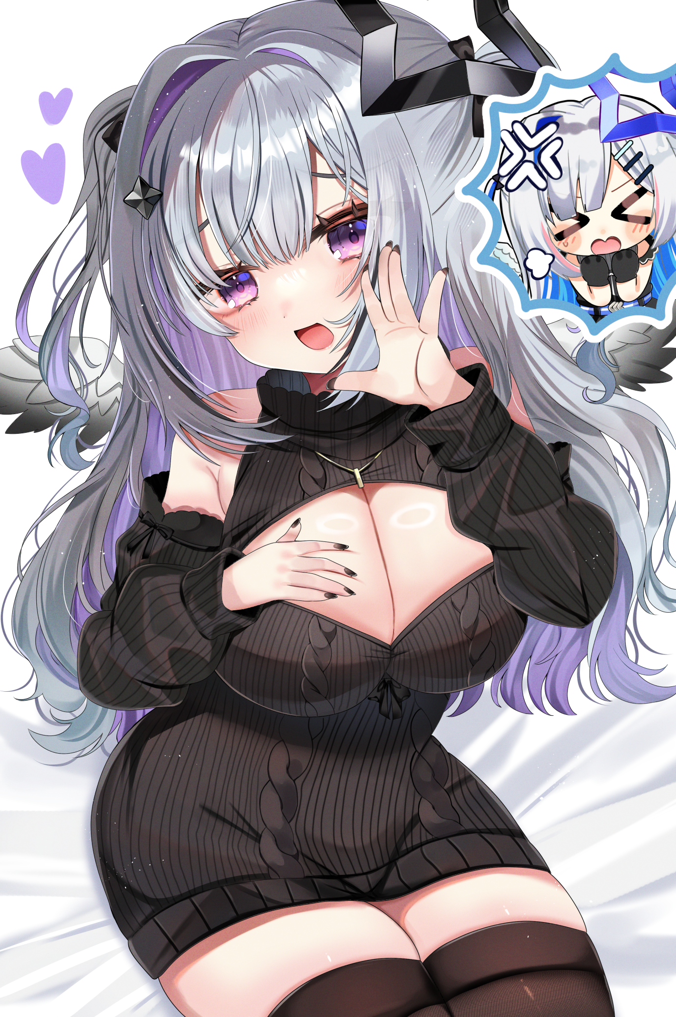 mainai (pochiwan1108), amane kanata, amane kanata (work), amane konata, hololive, highres, 2girls, angel, angel wings, black hair, black nails, black sweater, black thighhighs, breasts, cleavage, cleavage cutout, clothing cutout, grey hair, halo, large breasts, long hair, looking at viewer, multicolored hair, multiple girls, nail polish, official alternate costume, open mouth, purple eyes, siblings, sisters, star halo, streaked hair, sweater, thighhighs, turtleneck, turtleneck sweater, twins, virgin killer sweater, virtual youtuber, wings, zettai ryouiki