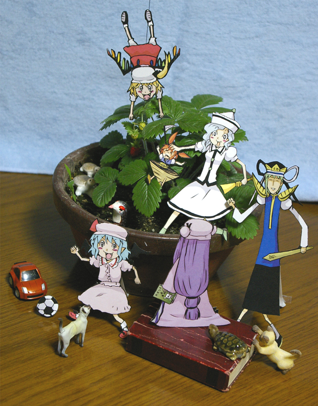 hirafumi, flandre scarlet, merlin prismriver, onozuka komachi, patchouli knowledge, remilia scarlet, shiki eiki, touhou, papercraft (medium), photo (medium), unconventional media, 6+girls, bird, blush stickers, book, cat, dog, female focus, multiple girls, paper child, rod of remorse, siblings, sisters, turtle