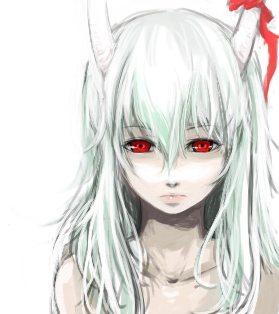 ginji (sakaki summer), ex-keine, kamishirasawa keine, touhou, 1girl, bare shoulders, female focus, green hair, horn ornament, horn ribbon, horns, lips, portrait, red eyes, ribbon, solo