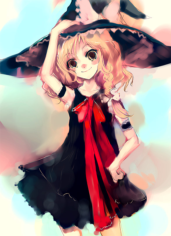 nokishita, kirisame marisa, touhou, 1girl, alternate costume, armband, blonde hair, bow, braid, dress, female focus, hair bow, hand on headwear, hand on own hip, hat, head tilt, hip focus, short dress, sketch, smile, solo, standing, wavy hair, witch, witch hat, yellow eyes
