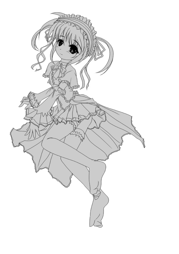 frapowa, takamachi nanoha, lyrical nanoha, mahou shoujo lyrical nanoha, 00s, dress, greyscale, monochrome, solo, thighhighs
