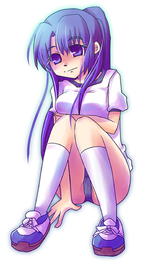 asakura ryoko, suzumiya haruhi no yuuutsu, 00s, 1girl, aqua outline, blue eyes, blue hair, buruma, female focus, gym uniform, long hair, matching hair/eyes, outline, ponytail, simple background, sitting, solo