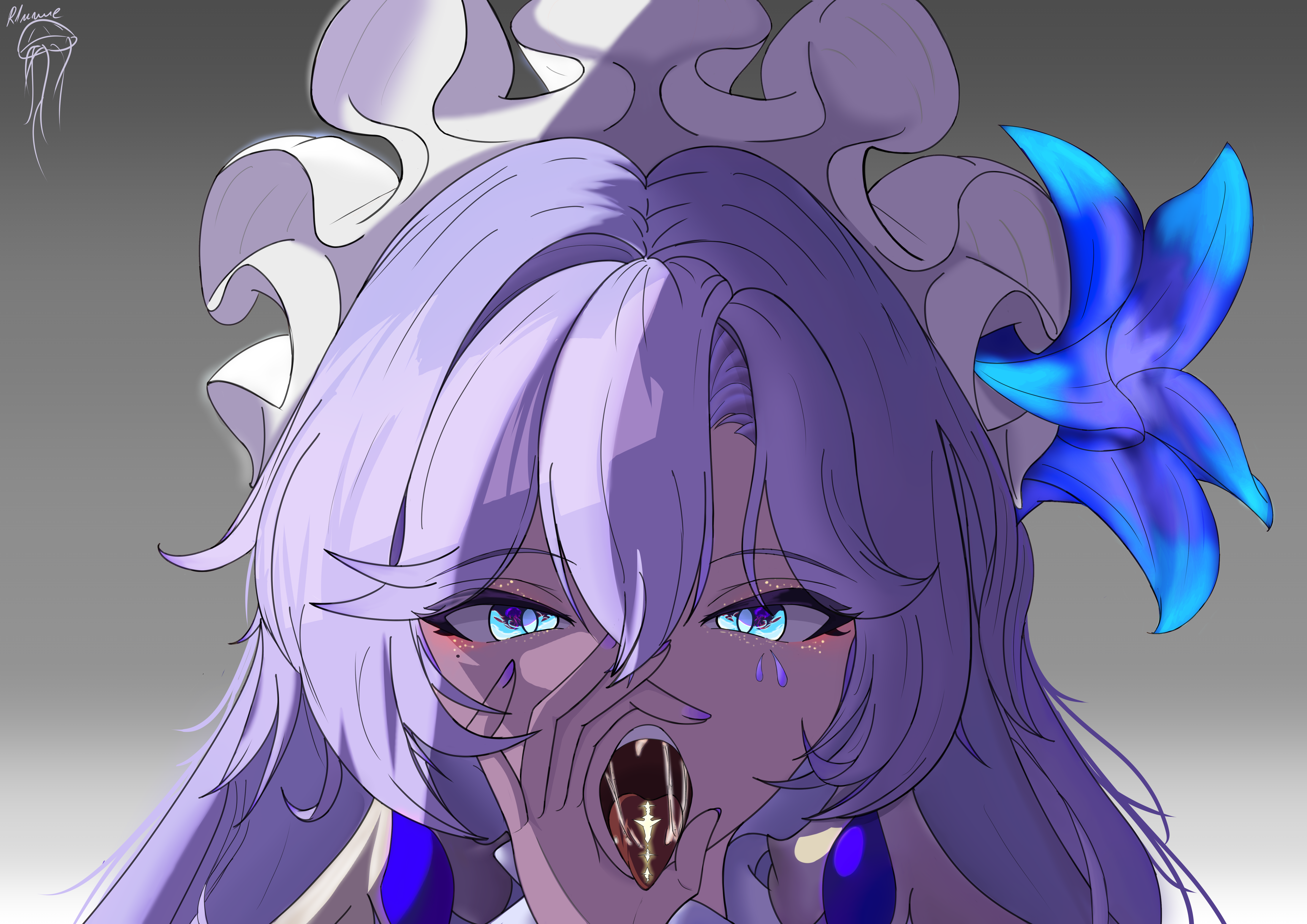 cantarella (wuthering waves), original, wuthering waves, absurdres, highres, 1girl, blue eyes, drooling, earrings, fellatio, fellatio gesture, flower, hair flower, hair ornament, jewelry, looking at viewer, multicolored hair, open mouth, oral, purple hair, r1ssue, saliva, streaked hair, tongue, tongue out