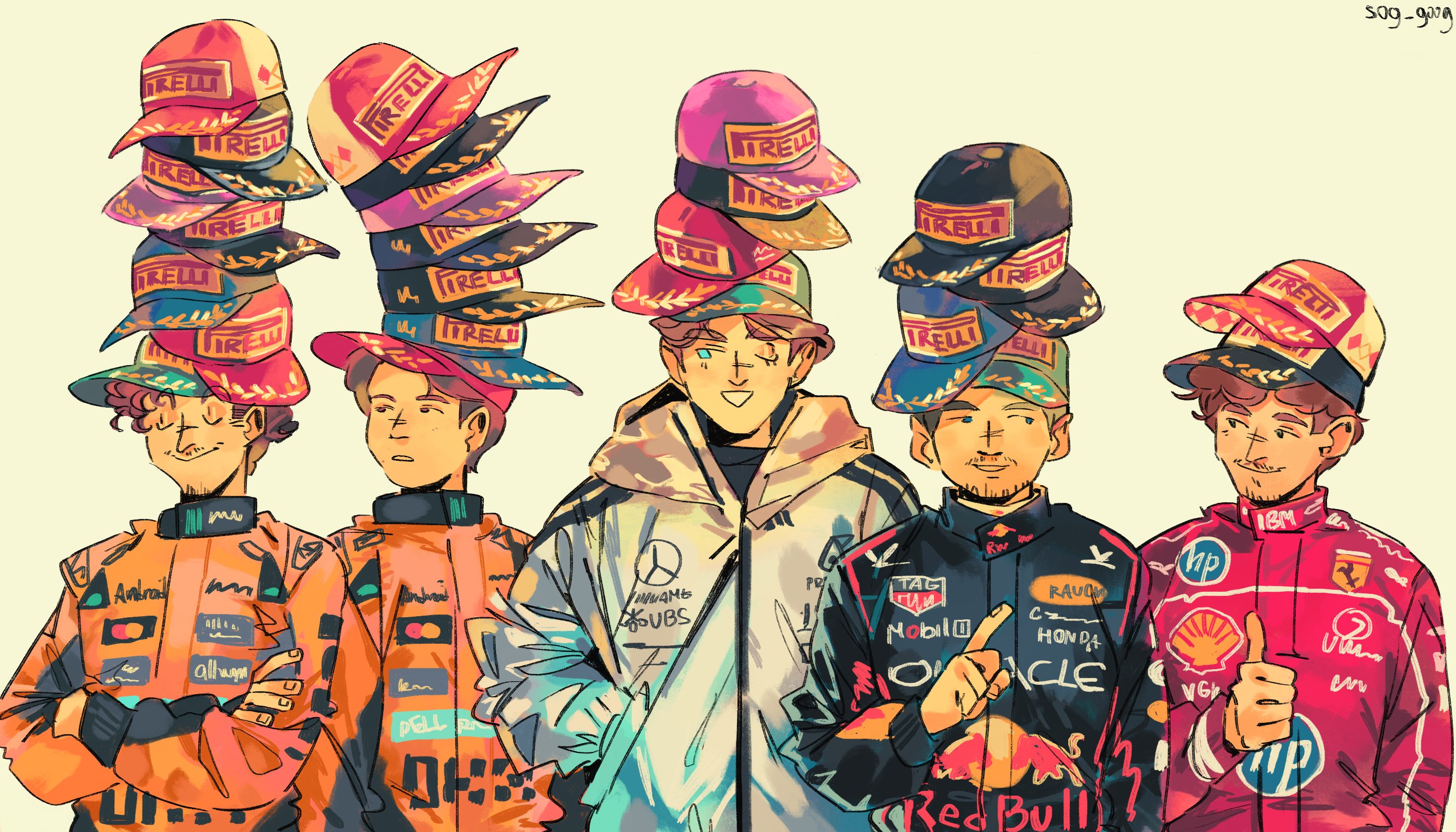charles leclerc, max verstappen, ferrari, formula one, hewlett-packard, pirelli, real life, red bull, shell (company), tag heuer, commentary, english commentary, highres, 5boys, baseball cap, black eyes, blue eyes, blue racing suit, brown eyes, brown hair, closed eyes, closed mouth, crossed arms, facial hair, george russell, grey jacket, hands in pockets, hat, hat over hat, hood, hooded jacket, index finger raised, jacket, lando norris, looking at another, male focus, multiple boys, no sclera, one eye closed, orange racing suit, oscar piastri, racing suit, red racing suit, simple background, smile, sog goog, thumbs up, yellow background