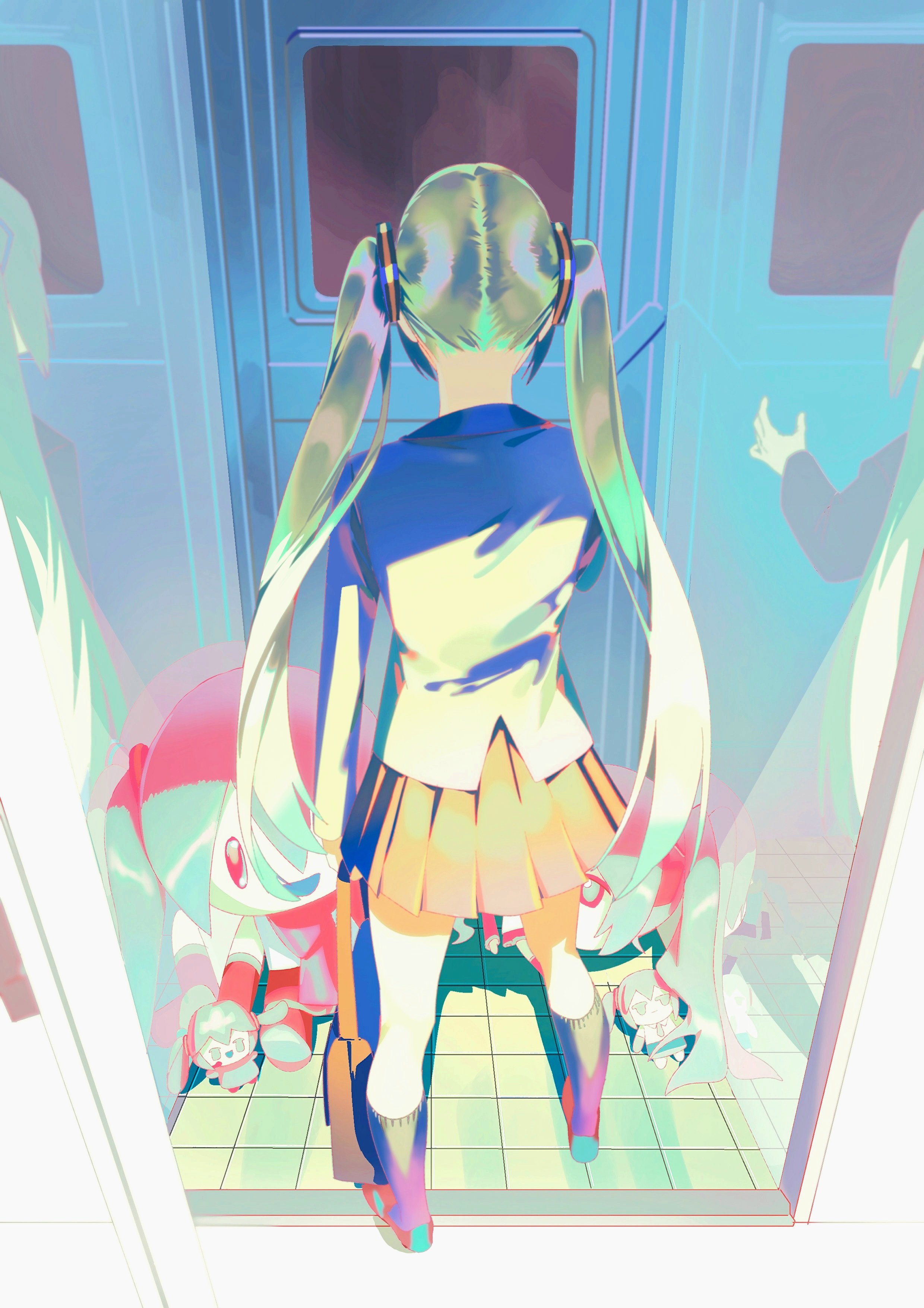 gusamo, hatsune miku, vocaloid, absurdres, commentary, english commentary, highres, 3girls, aqua eyes, aqua hair, bag, door, doorway, faceless, facing away, floor, from behind, holding, holding bag, indoors, multiple girls, school uniform, stuffed toy, tile floor, tiles, twintails