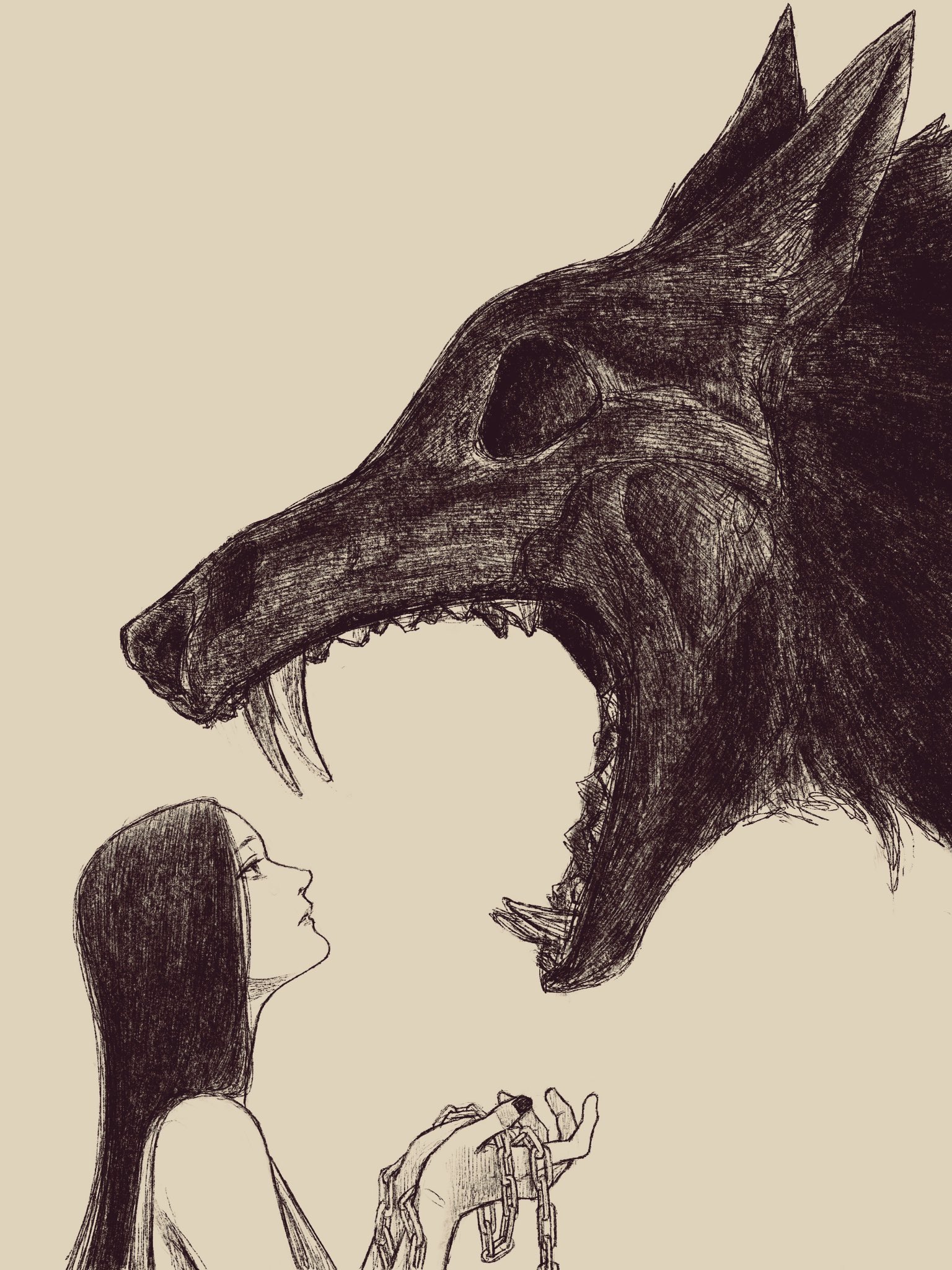 tp p pt, original, highres, animal, black hair, chain, fangs, long hair, looking at animal, looking to the side, open mouth, oversized animal, solo, white background, wolf