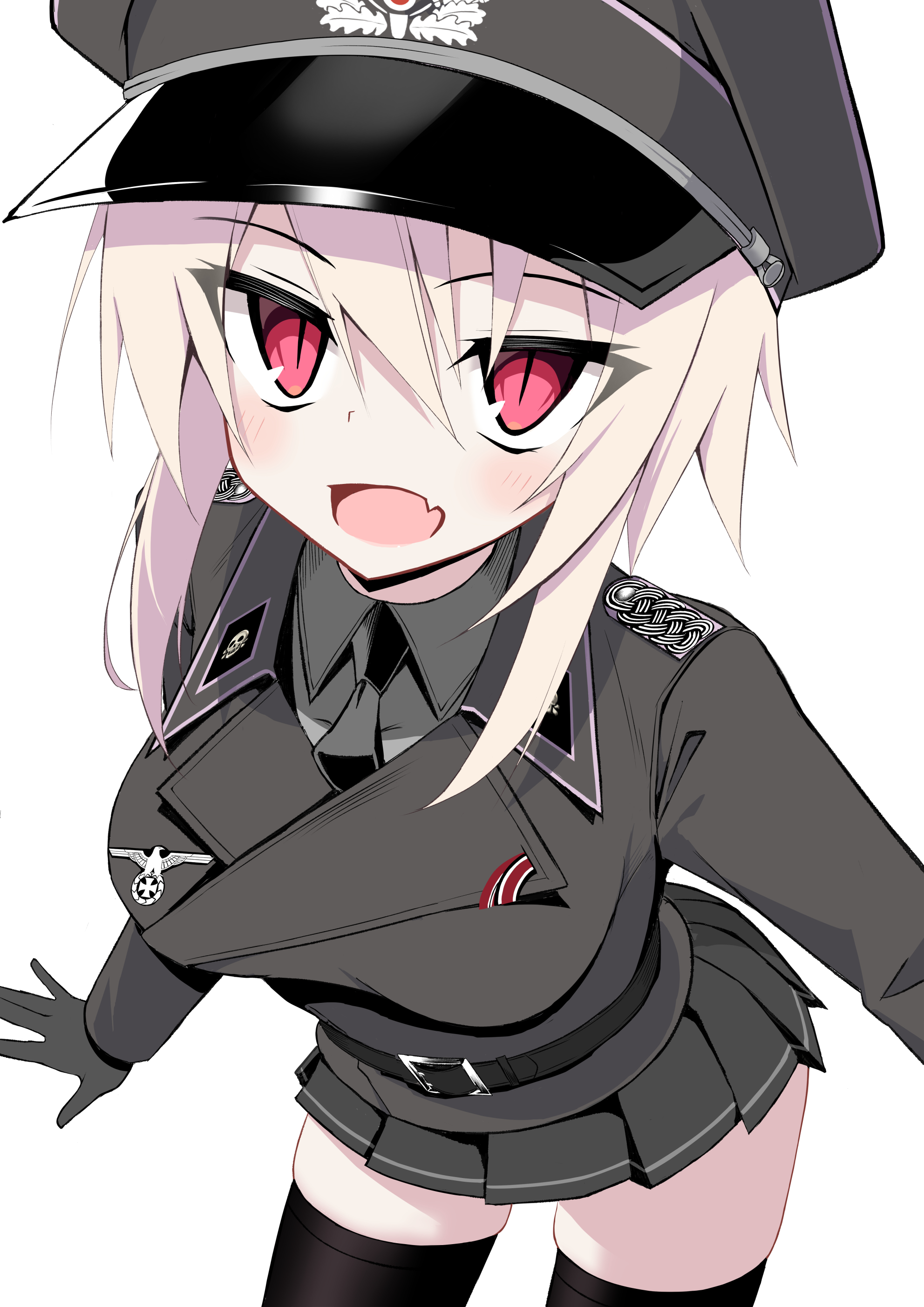 jiseki rena, original, absurdres, highres, 1girl, belt, black gloves, black jacket, black necktie, black skirt, black thighhighs, blonde hair, cross, epaulettes, fang, gloves, hat, iron cross, jacket, looking at viewer, military hat, military uniform, necktie, peaked cap, red eyes, reichsadler, rena (jiseki rena), short hair, skin fang, skirt, slit pupils, solo, thighhighs, totenkopf, tsurime, white background, zettai ryouiki