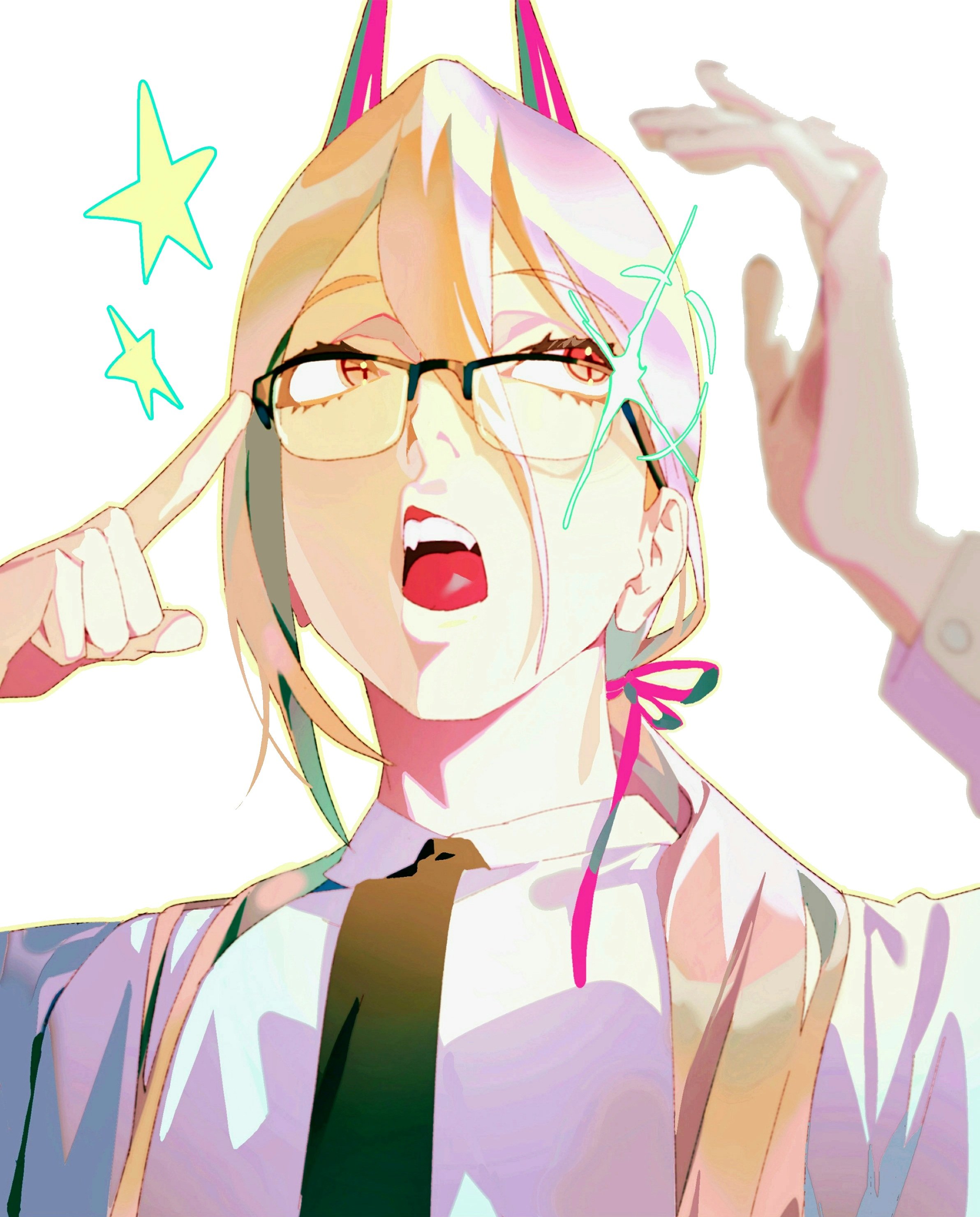 gusamo, power (chainsaw man), chainsaw man, absurdres, highres, 1girl, arms up, black necktie, blonde hair, bow, collared shirt, cross-shaped pupils, demon girl, demon horns, finger to eye, finger to face, glasses, gums, hair between eyes, hair bow, horns, long hair, low ponytail, necktie, open mouth, ponytail, portrait, red horns, sharp teeth, shirt, simple background, solo, sparkle, spoken star, star (symbol), symbol-shaped pupils, teeth, white shirt, yellow eyes