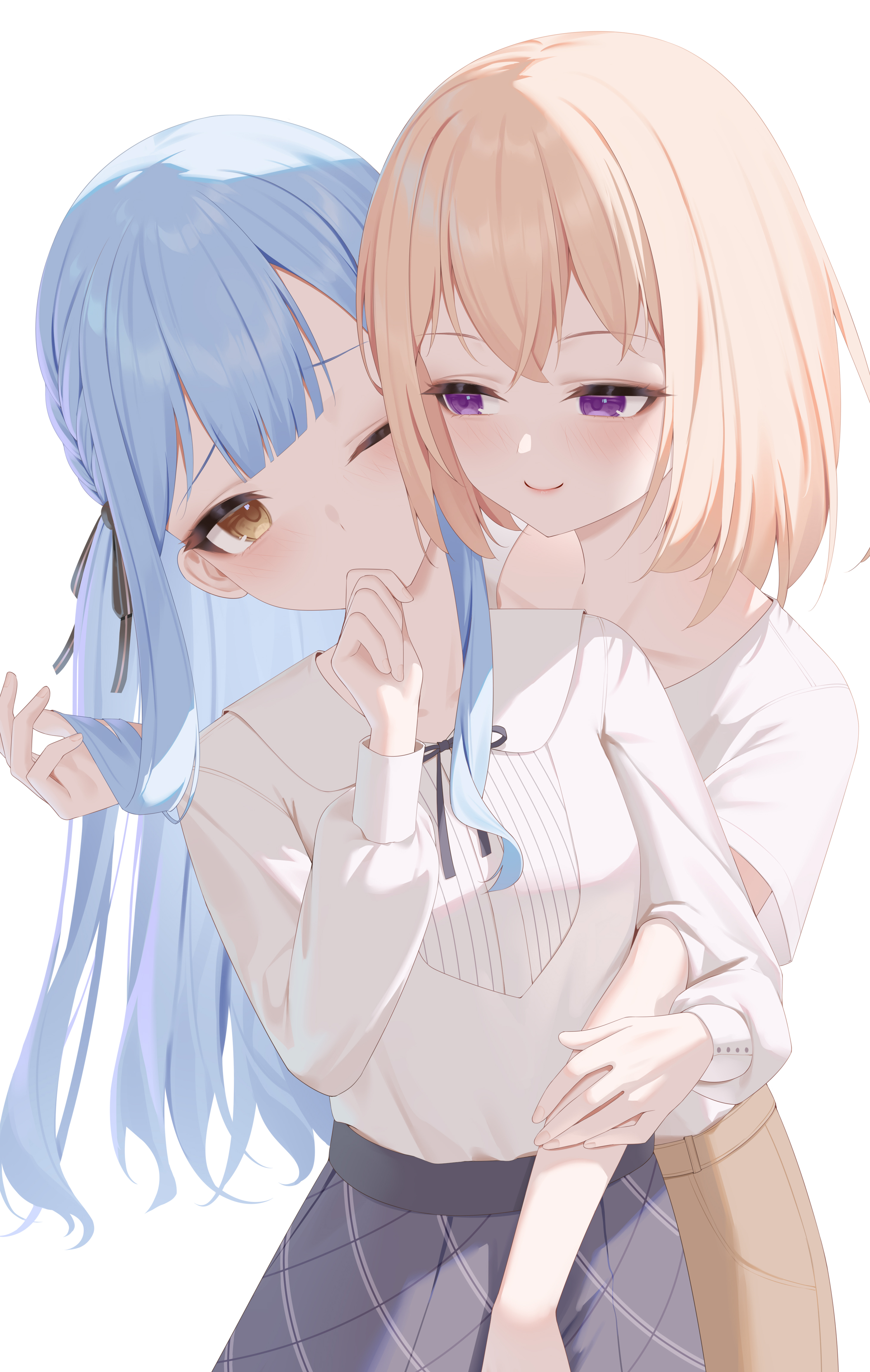 bingchuan xian yu huang, misumi uika, togawa sakiko, bang dream!, absurdres, highres, 2girls, black ribbon, blonde hair, blue hair, blush, braid, brown eyes, closed mouth, collarbone, covered mouth, covering own mouth, hair ribbon, hand in another's hair, hand up, holding another's hair, hug, hug from behind, long hair, long sleeves, looking at another, multiple girls, one eye closed, purple eyes, ribbon, shirt, short hair, short sleeves, simple background, smile, upper body, very long hair, white background, white shirt, yellow eyes, yuri