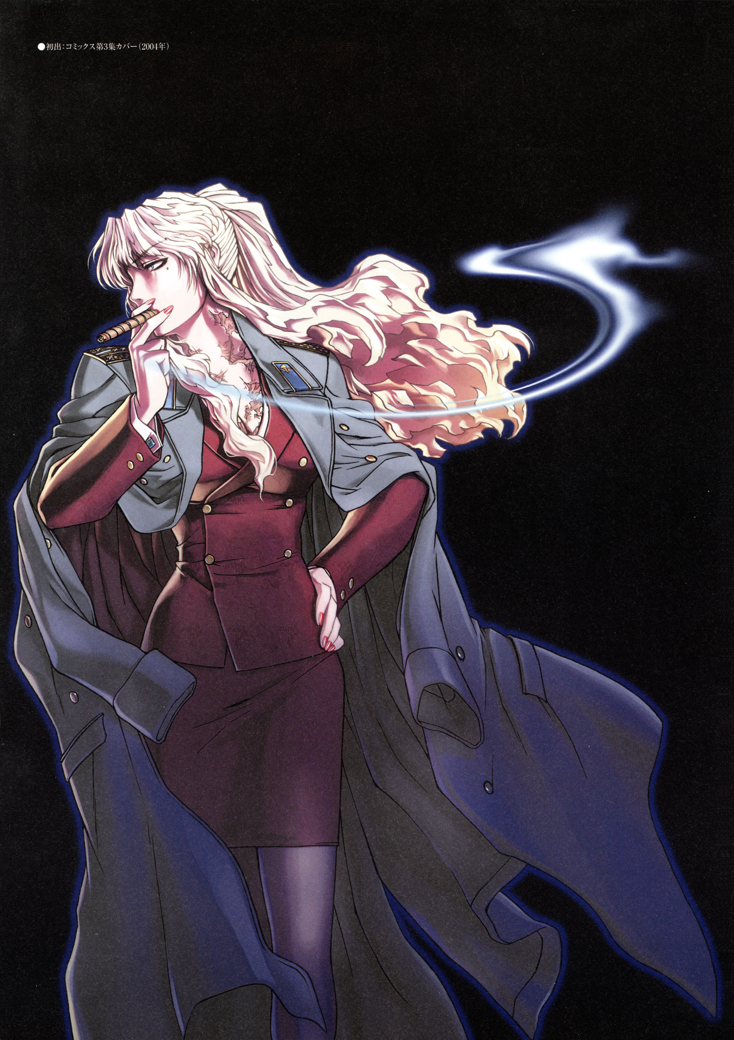 hiroe rei, balalaika (black lagoon), black lagoon, absurdres, highres, official art, scan, 00s, 1girl, blonde hair, burn scar, cigar, female focus, hand on own hip, hip focus, jacket, jacket on shoulders, long hair, military, military uniform, mole, mole under eye, pantyhose, ponytail, scar, smoke, smoking, solo, thighhighs