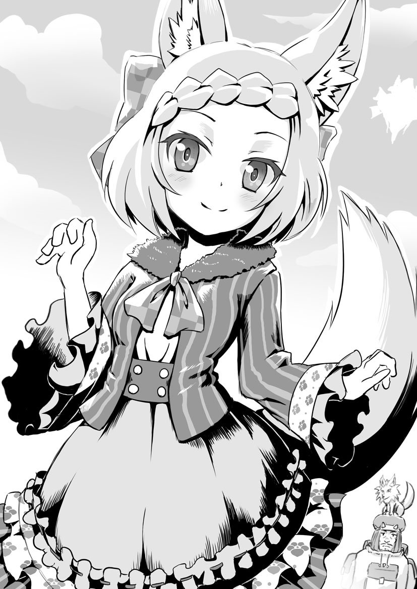 emil chronicle online, 1boy, 1girl, animal ears, belt, braid, frilled jacket, frilled skirt, frills, fur jacket, jacket, monochrome, os aod, ribbon, skirt, smile, solo, tail, whitefang alma, wolf, wolf ears, wolf girl, wolf tail