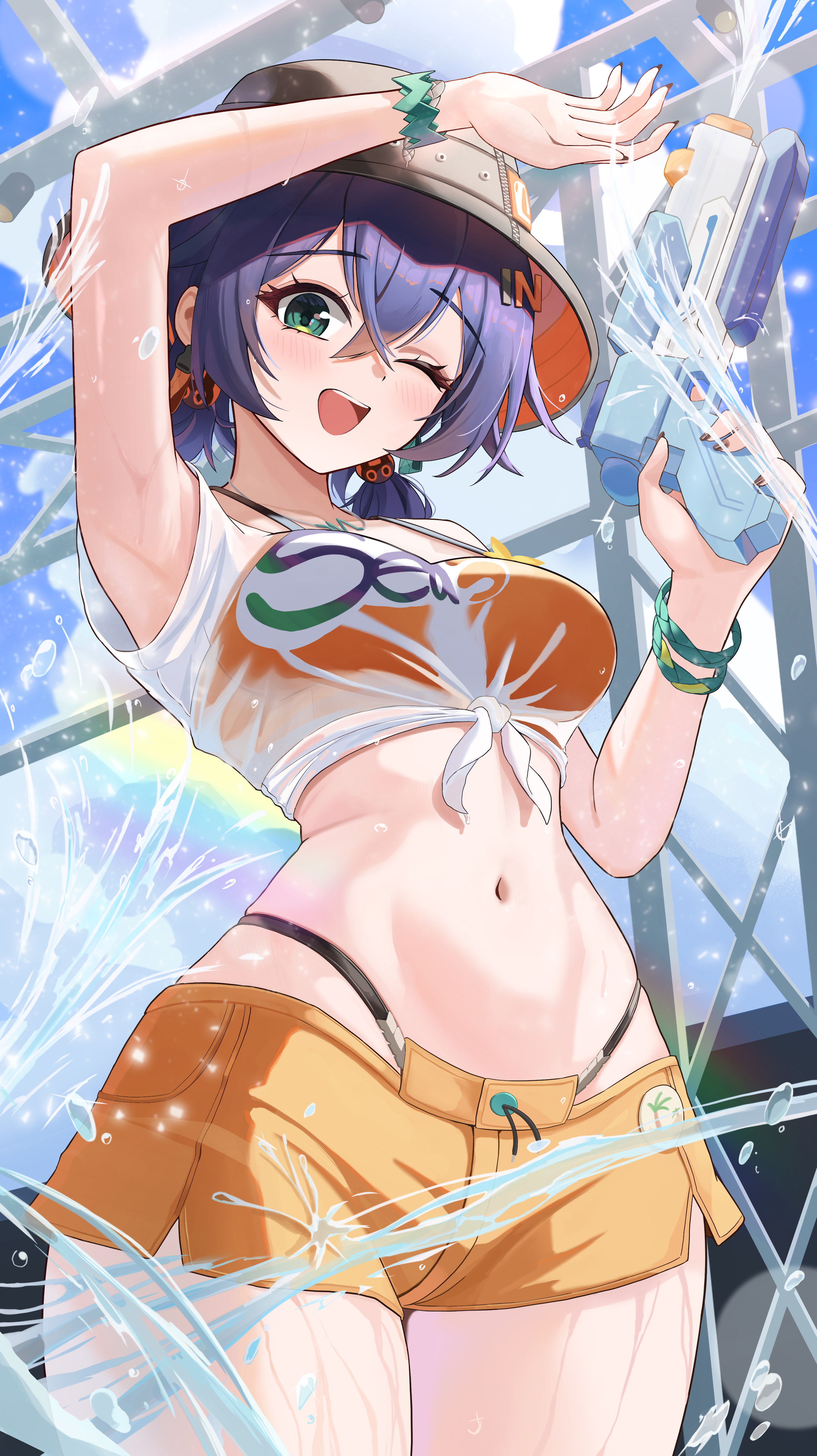 su2ro, belle (summer skies) (zenless zone zero), belle (zenless zone zero), zenless zone zero, absurdres, commentary request, highres, 1girl, armlet, armpits, bikini, bikini top under shirt, bikini under shorts, black nails, blue hair, breasts, bucket hat, cowboy shot, fish hat, green eyes, hair ornament, hat, jewelry, large breasts, letter hair ornament, midriff, navel, official alternate costume, one eye closed, orange bikini, orange shorts, see-through clothes, see-through shirt, shirt, shorts, solo, stomach, swimsuit, tied shirt, water, water gun, wet, wet clothes, wet shirt