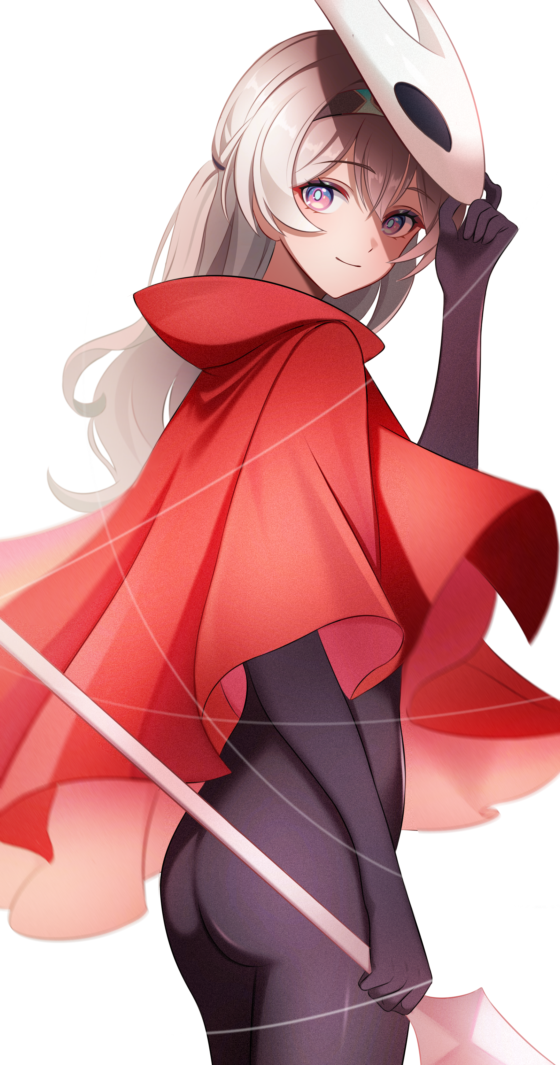 chijiandeyusang, firefly (honkai: star rail), hornet (hollow knight), hollow knight, honkai: star rail, honkai (series), absurdres, highres, 1girl, black bodysuit, bodysuit, brown hair, character mask, cloak, cosplay, holding, holding weapon, horned mask, hornet (hollow knight) (cosplay), long hair, looking at viewer, mask, mask on head, purple eyes, red cloak, simple background, solo, weapon, white background
