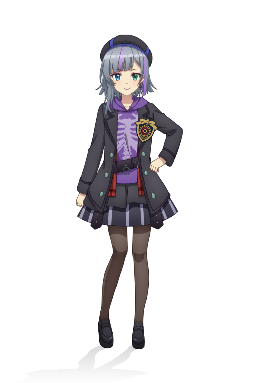 taniguchi motohiro, maruyama rie, cue!, highres, official art, 1girl, anime coloring, belt, black belt, black jacket, black shoes, blue eyes, breasts, brown pantyhose, clenched hands, closed mouth, collarbone, full body, green eyes, grey hair, grey hat, grey skirt, hand on own hip, hat, heterochromia, hood, hood down, hoodie, jacket, lips, loafers, long sleeves, looking at viewer, multicolored hair, pantyhose, purple hair, purple hood, purple hoodie, shoes, short hair, simple background, single sidelock, skirt, smile, solo, standing, streaked hair, striped clothes, striped hat, striped skirt, tachi-e, transparent background, two-tone hair, v-shaped eyebrows