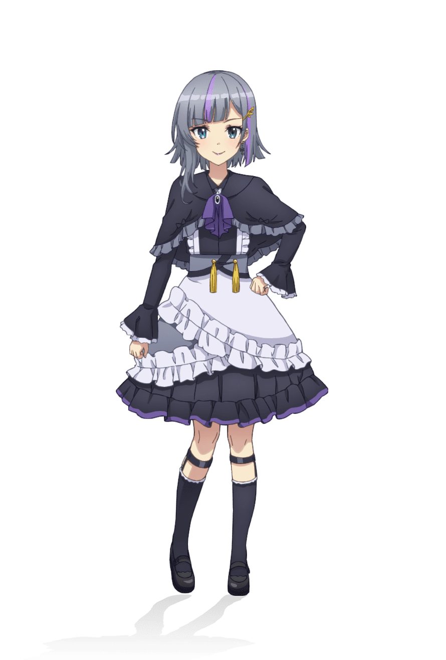 taniguchi motohiro, maruyama rie, cue!, highres, official art, 1girl, anime coloring, ascot, black capelet, black shoes, black socks, blue eyes, blush, capelet, clenched hands, dress, frilled capelet, frilled dress, frills, full body, green eyes, grey hair, hair ornament, hairclip, hand on own hip, heterochromia, leg belt, long sleeves, looking at viewer, mary janes, purple ascot, purple hair, shoes, simple background, single sidelock, smile, socks, solo, standing, striped hair, tachi-e, transparent background, v-shaped eyebrows, wide sleeves