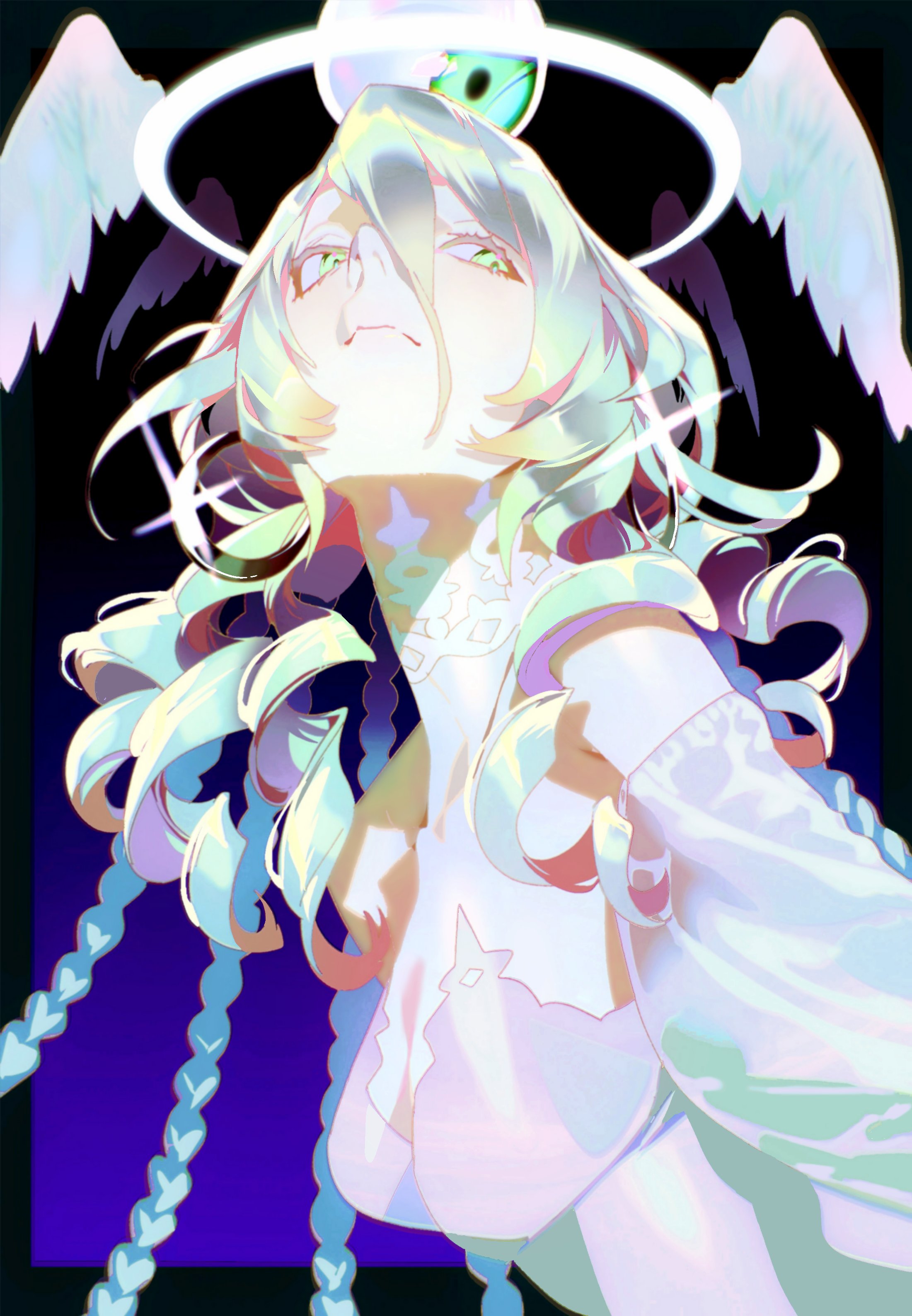 gusamo, absurdres, character request, copyright request, highres, 1girl, angel wings, bare shoulders, braid, curly hair, detached sleeves, disembodied eye, dress, from below, green eyes, halo, head wings, long hair, looking to the side, neck tattoo, simple background, solo, tattoo, traditional halo, white dress, white hair, wings