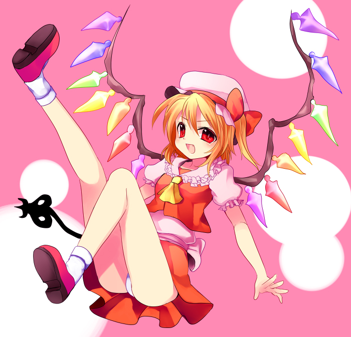 subaru (yachika), flandre scarlet, touhou, 1girl, ascot, blonde hair, blouse, female focus, full body, hair between eyes, hat, laevatein, miniskirt, mob cap, open mouth, panties, pantyshot, pink background, pink shirt, pink shoes, red eyes, shirt, shoes, simple background, skirt, socks, solo, underwear, v-shaped eyebrows, white panties, white socks, wings, yellow ascot