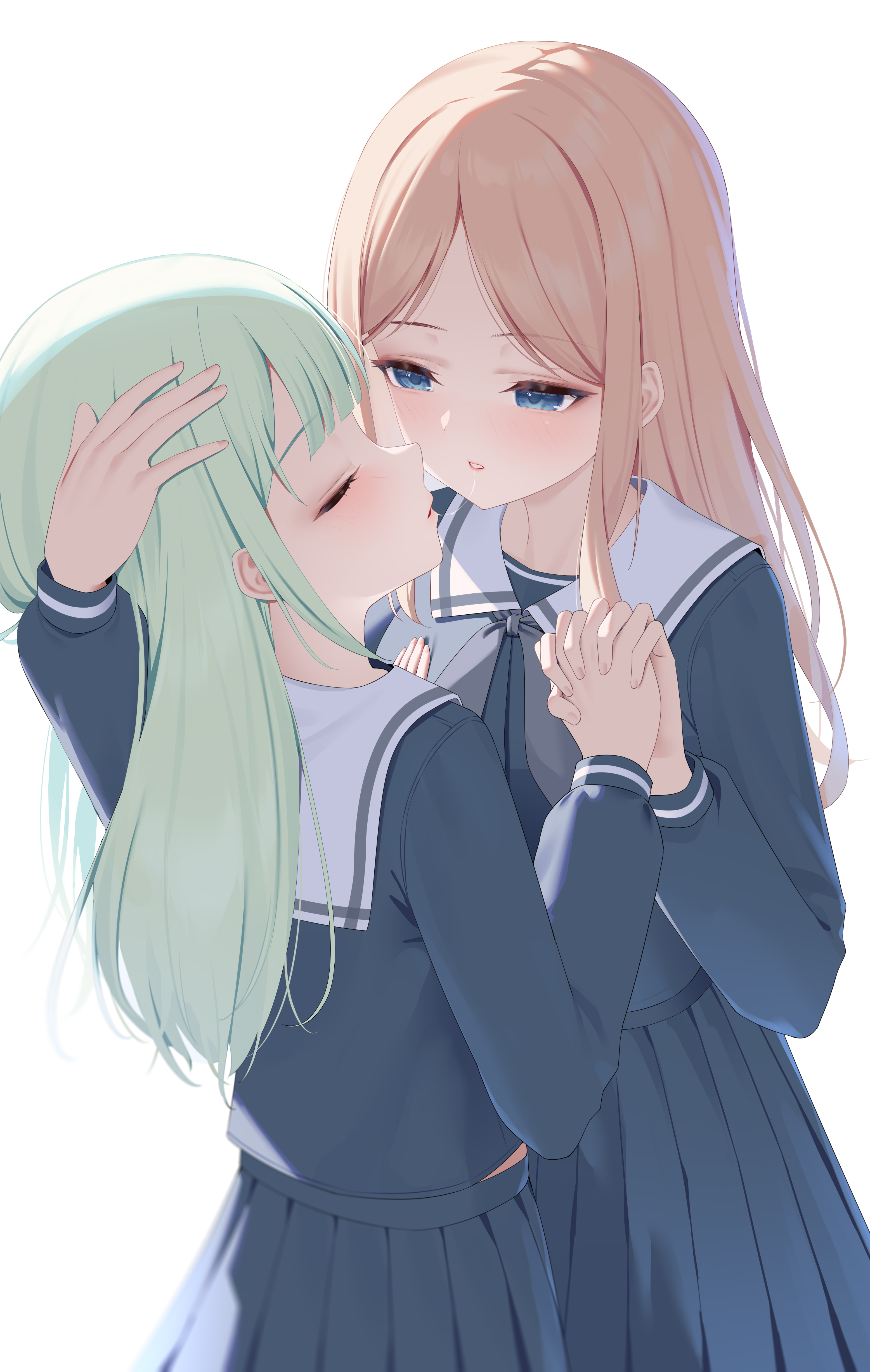 bingchuan xian yu huang, mortis (bang dream!), mortis (costume) (bang dream!), nagasaki soyo, wakaba mutsumi, bang dream!, absurdres, highres, 2girls, after kiss, blonde hair, blue eyes, blue serafuku, blue shirt, blue skirt, blush, brown hair, closed eyes, green hair, grey neckerchief, hand on another's head, holding hands, imminent kiss, interlocked fingers, long hair, long sleeves, looking at another, multiple girls, neckerchief, parted bangs, parted lips, pleated skirt, sailor collar, saliva, saliva trail, school uniform, serafuku, shirt, simple background, skirt, white background, white sailor collar, yuri