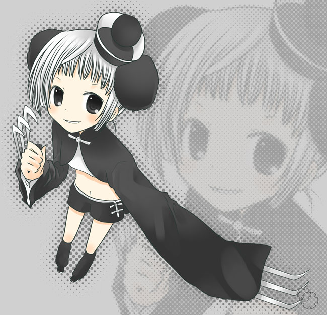shima yukiwa, original, silver hair, 1girl, black eyes, blush, claw (weapon), female focus, foreshortening, from above, full body, holding, long hair, long sleeves, looking at viewer, panda, short shorts, shorts, solo, standing, weapon, wide sleeves, zoom layer