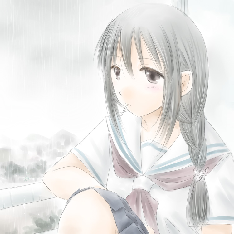 minyo, original, 1girl, black skirt, braid, collarbone, expressionless, eyelashes, female focus, necktie, pleated skirt, red eyes, red necktie, sailor collar, school uniform, serafuku, shirt, simple background, single braid, skirt, solo, tareme, upper body, white background, white shirt
