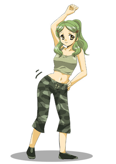 sinko (sinsin), kimidori emiri, suzumiya haruhi no yuuutsu, 00s, 1girl, arm up, bare shoulders, camouflage, collarbone, female focus, hand on own hip, looking at viewer, midriff, motion lines, navel, pants, simple background, sleeveless, solo, standing, stomach, tank top, white background