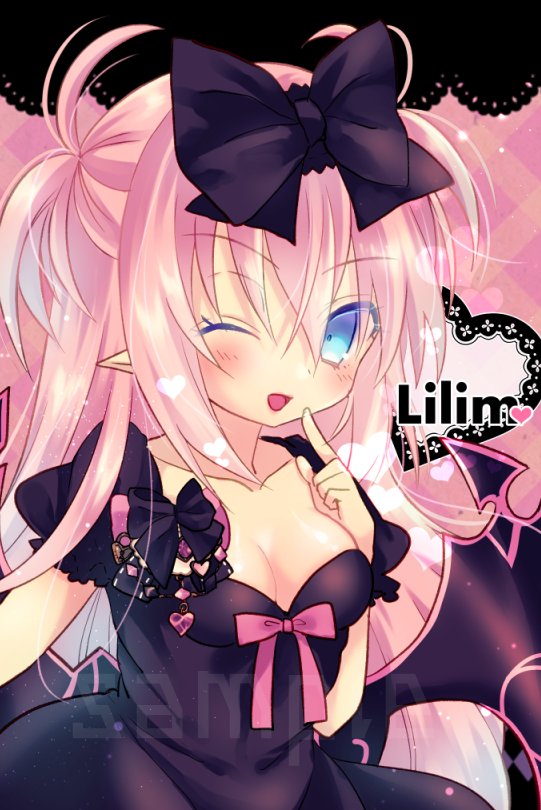 lizrin, lilim (eco), emil chronicle online, 1girl, black dress, black ribbon, black wings, blue hair, breasts, character name, cleavage, dress, elf, finger to mouth, hair ribbon, long hair, medium breasts, one eye closed, open mouth, pink hair, pink ribbon, pointy ears, ribbon, solo, two side up, wings