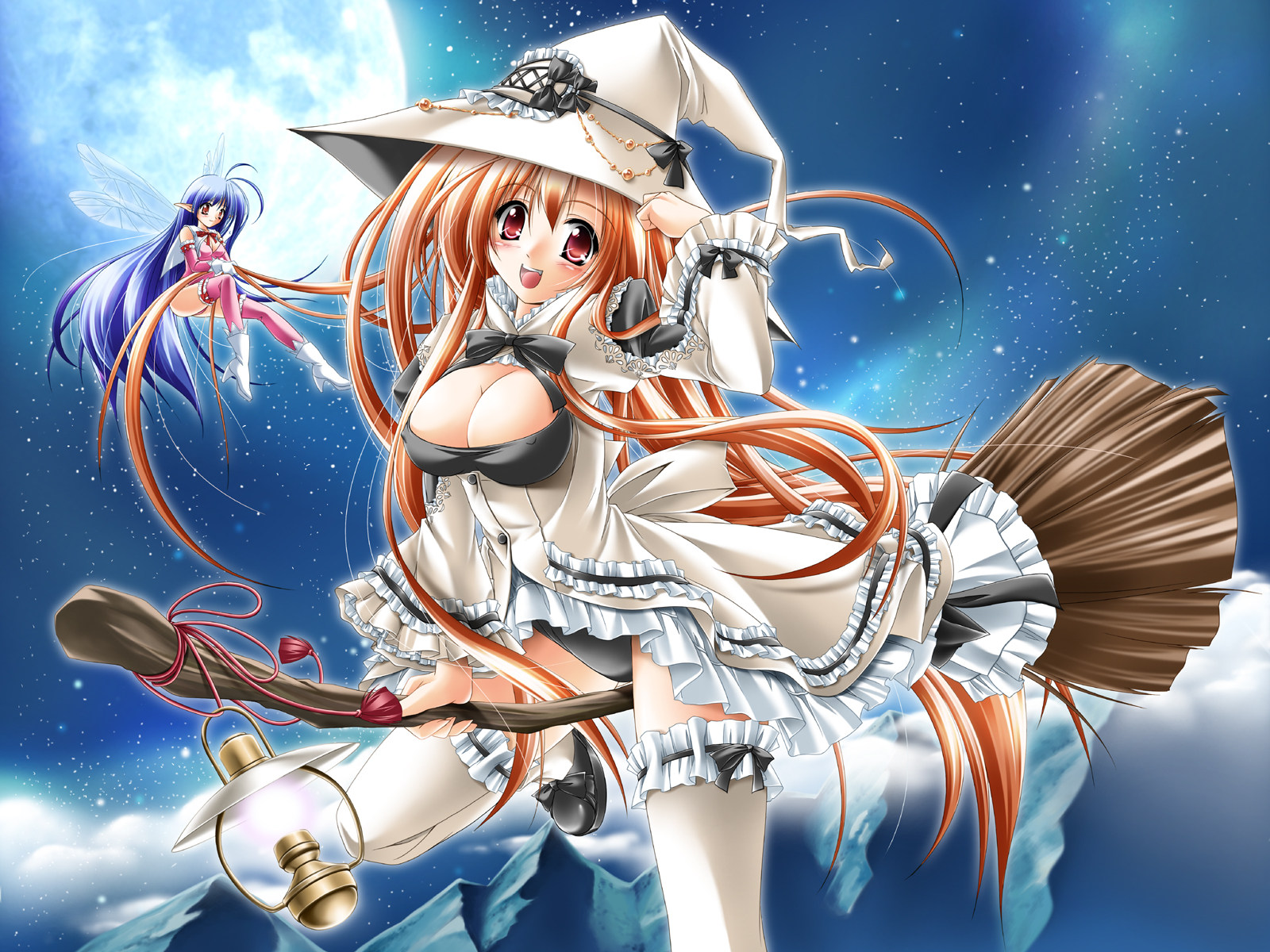 kamiya tomoe, original, frilled legwear, pink legwear, white legwear, highres, 2girls, :d, blue hair, boots, breasts, broom, broom riding, cleavage, cleavage cutout, clothing cutout, cloud, fairy, full moon, gloves, hat, lamp, large breasts, long hair, mini person, minigirl, moon, mountain, multiple girls, night, open mouth, pointy ears, red eyes, size difference, skirt, sky, smile, star (sky), starry sky, thighhighs, wings, witch, witch hat