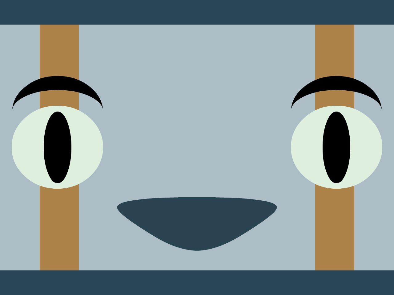 balrog (cave story), doukutsu monogatari, non-web source, :d, black eyes, huzzah, letterboxed, looking at viewer, no humans, open mouth, smile