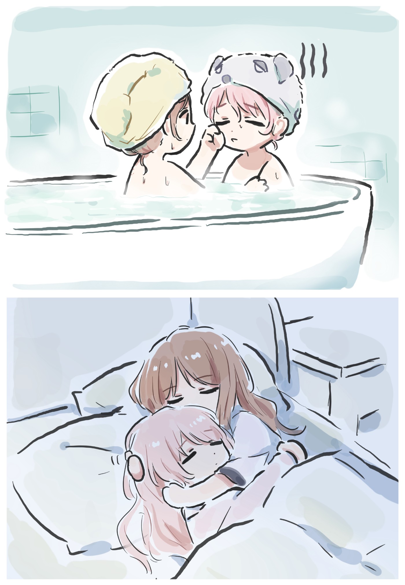 lyy, chihaya anon, nagasaki soyo, bang dream!, bang dream! it's mygo!!!!!, highres, 2girls, brown hair, chibi, closed eyes, closed mouth, gloom (expression), hug, long hair, multiple girls, pillow, pink hair, same-sex bathing, shared bathing, sidelocks, under covers, yuri