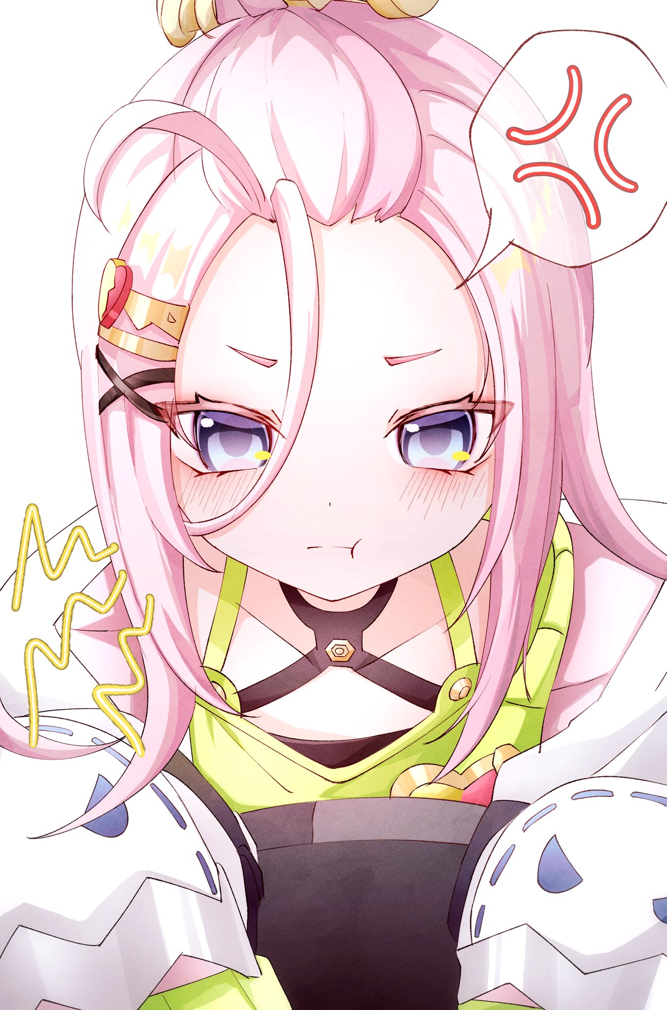 aino (genshin impact), genshin impact, commentary request, highres, 1girl, :t, anger vein, bangs pinned back, blush, closed mouth, grey eyes, hair between eyes, hair ornament, hairclip, kuro774 n, long hair, looking at viewer, pink hair, portrait, pout, simple background, solo, spoken anger vein, white background, x hair ornament