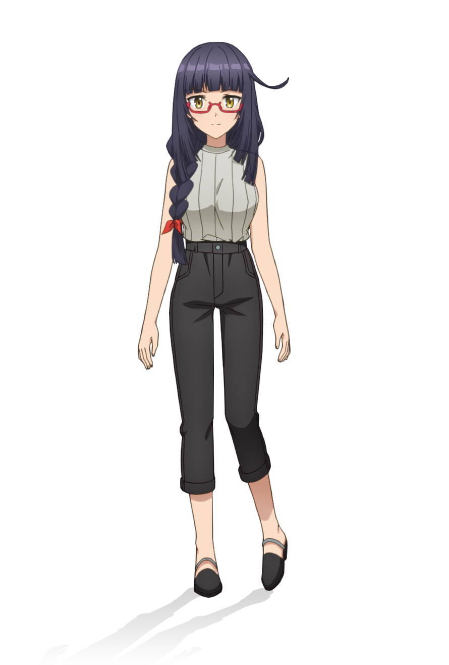 taniguchi motohiro, utsugi satori, cue!, highres, official art, 1girl, anime coloring, black hair, black sandals, blunt bangs, blush, braid, breasts, brown sweater, closed mouth, denim, full body, glasses, grey pants, jeans, large breasts, long hair, looking at viewer, pants, pants rolled up, rectangular eyewear, red-framed eyewear, red ribbon, ribbon, sandals, semi-rimless eyewear, simple background, single braid, sleeveless, sleeveless sweater, smile, solo, standing, sweater, tachi-e, transparent background, tsurime, under-rim eyewear, yellow eyes