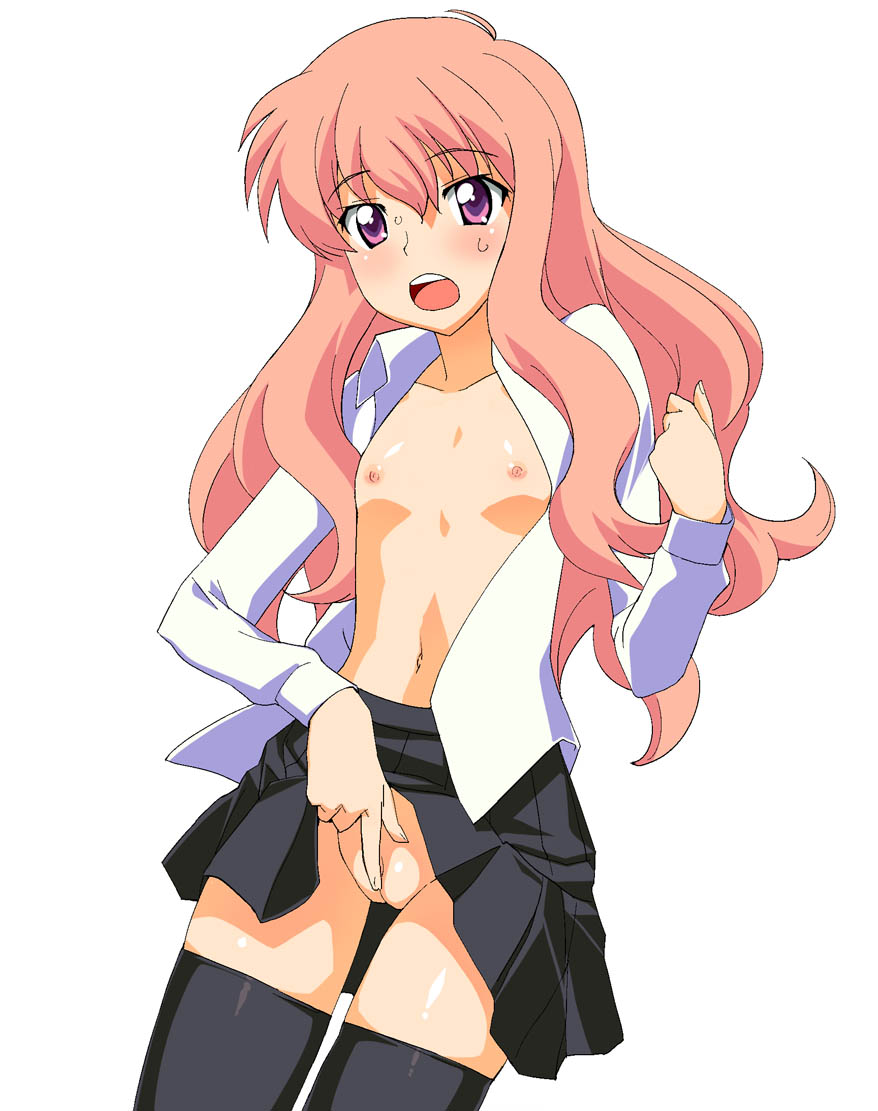 a1 (initial-g), louise francoise le blanc de la valliere, zero no tsukaima, 00s, 1girl, cleft of venus, clothes lift, female focus, fingering, flat chest, loli, long hair, nipples, no panties, open clothes, open shirt, pussy, shirt, skirt, skirt lift, solo, thighhighs, uncensored, zettai ryouiki