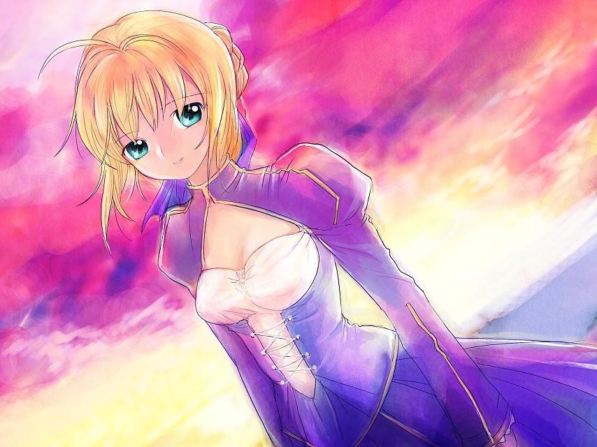 mekarauroko, artoria pendragon (fate), saber (fate), fate/stay night, fate (series), 00s, 1girl, ahoge, backlighting, blonde hair, blue dress, cleavage cutout, clothing cutout, collarbone, dress, dutch angle, female focus, green eyes, juliet sleeves, long sleeves, looking at viewer, puffy long sleeves, puffy sleeves, smile, solo