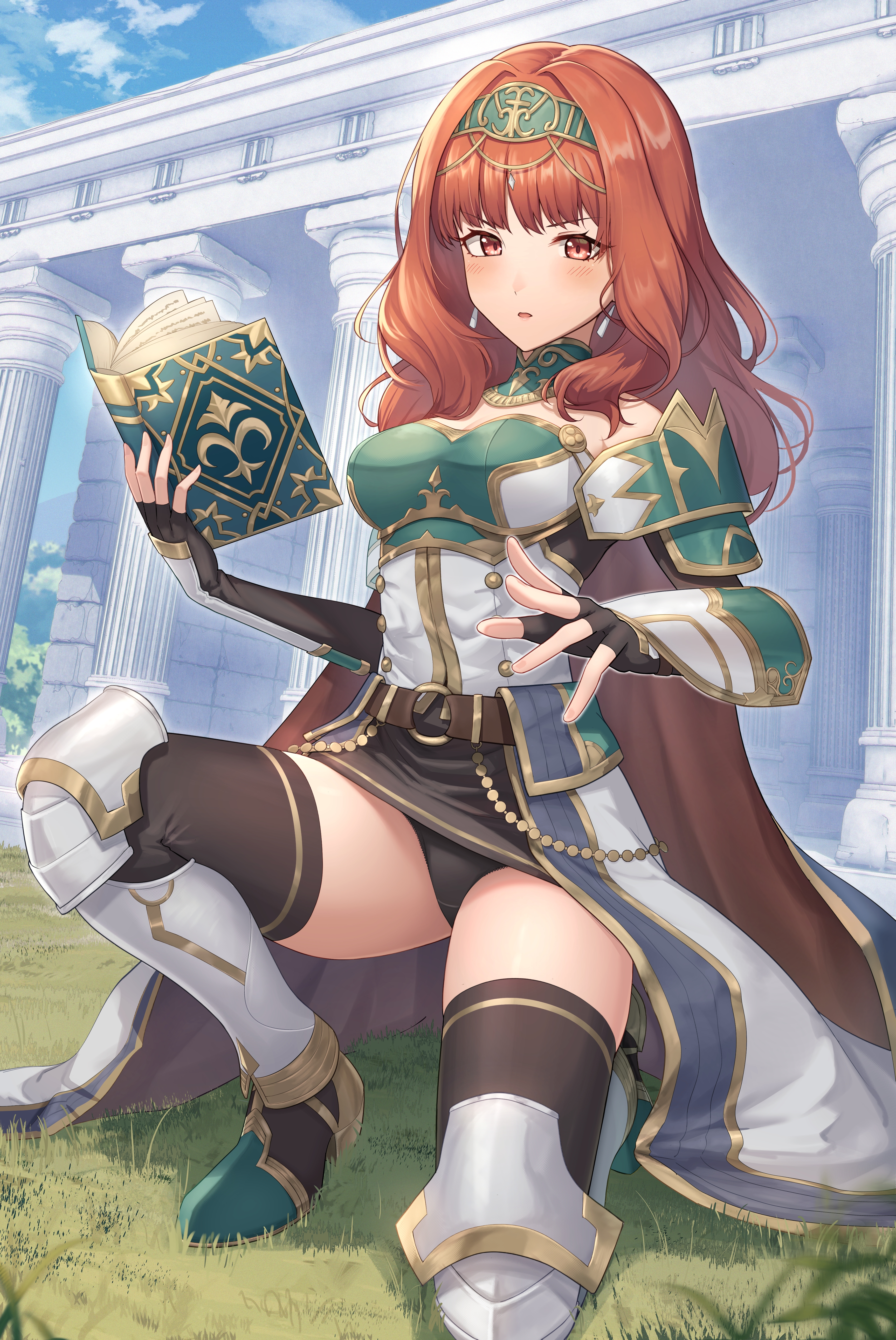 kamuchin soda, celica (fire emblem), celica (valentine) (fire emblem), fire emblem, fire emblem echoes: shadows of valentia, fire emblem heroes, nintendo, 1girl, arm guards, armor, armored boots, belt, black gloves, black panties, black skirt, black thighhighs, blush, book, boots, breastplate, breasts, brown belt, cape, day, detached collar, earrings, fingerless gloves, gloves, gold trim, grass, headpiece, holding, holding book, jewelry, long hair, looking at viewer, medium breasts, o-ring, official alternate costume, on ground, on one knee, outdoors, panties, pantyshot, pencil skirt, pillar, red eyes, red hair, shirt, skirt, solo, thighhighs, underwear, white cape, white shirt