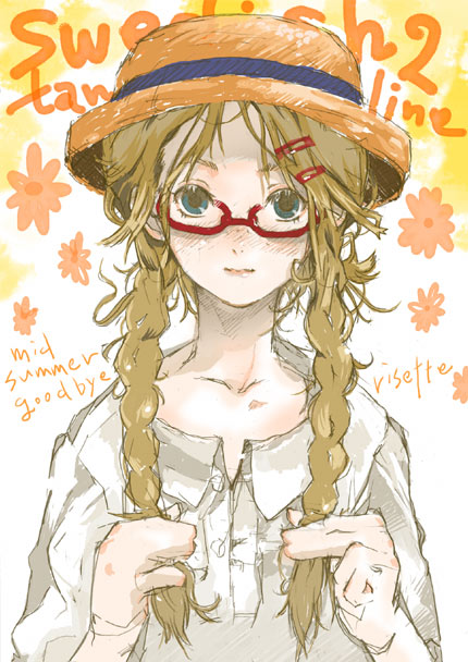 fuyuno haruaki, risette, bemani, pop'n music, 1girl, blonde hair, blue eyes, braid, dress shirt, female focus, freckles, glasses, hat, holding, holding own hair, lips, messy hair, red-framed eyewear, shirt, solo, twin braids