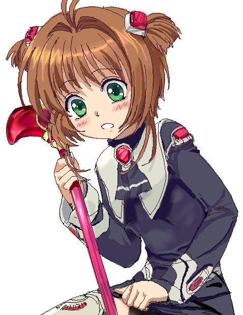 mutsuki (moonknives), kinomoto sakura, momo mizrahi, cardcaptor sakura, namco, xeno (series), xenosaga, 1girl, antenna hair, ascot, black dress, blush, brooch, brown hair, child, clenched teeth, cosplay, cowboy shot, dress, embarrassed, female focus, gem, green eyes, hair intakes, holding, holding staff, jewelry, leaning forward, long sleeves, looking down, momo mizrahi (cosplay), open mouth, simple background, sitting, sketch, solo, staff, tareme, teeth, thighhighs, two side up, white background, zettai ryouiki