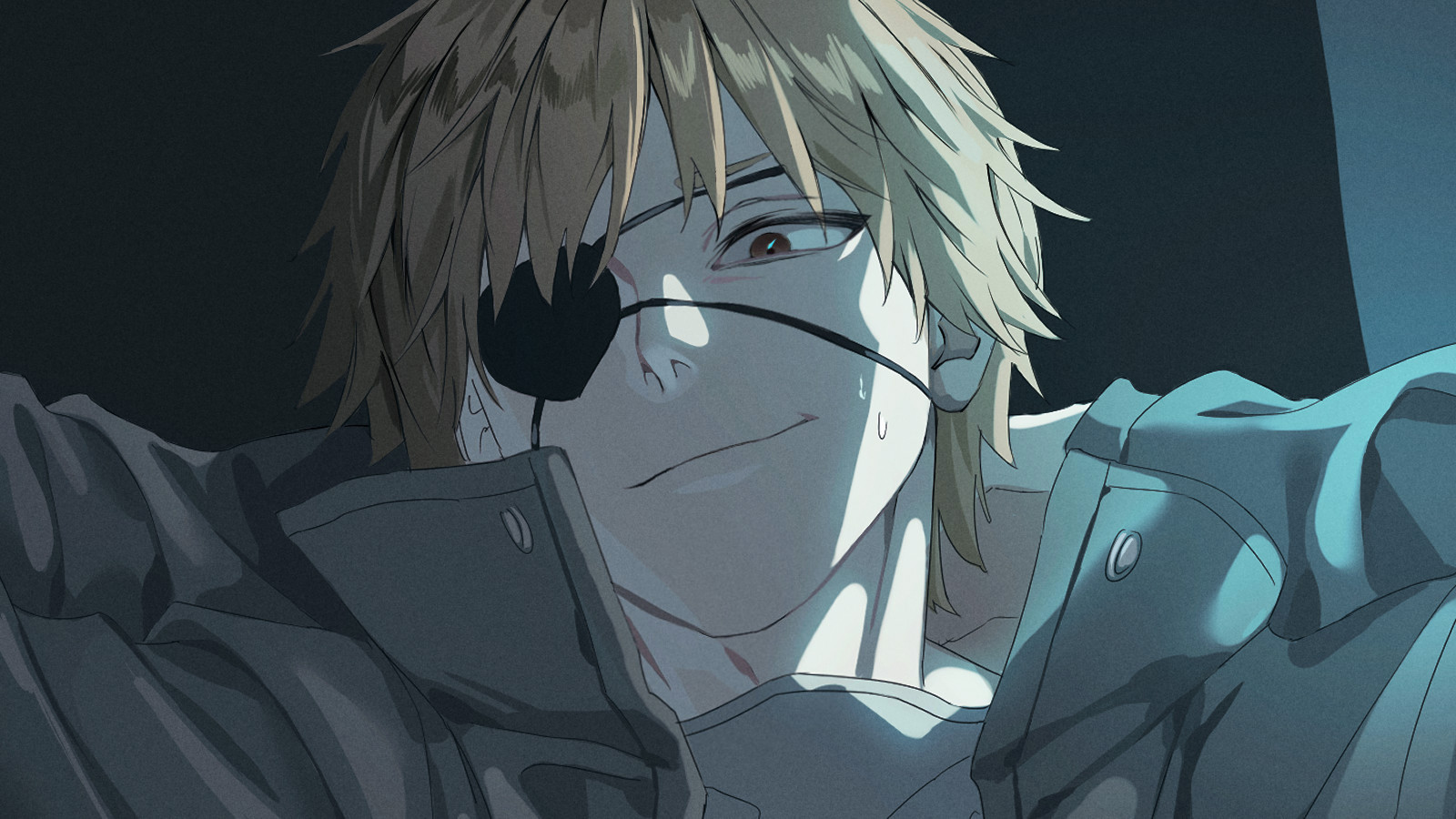 gusamo, denji (chainsaw man), chainsaw man, hashtag-only commentary, highres, 1boy, arms behind head, blonde hair, brown eyes, eyepatch, indoors, jacket, looking at viewer, messy hair, open clothes, open jacket, portrait, shirt, simple background, smile, sweatdrop, white shirt