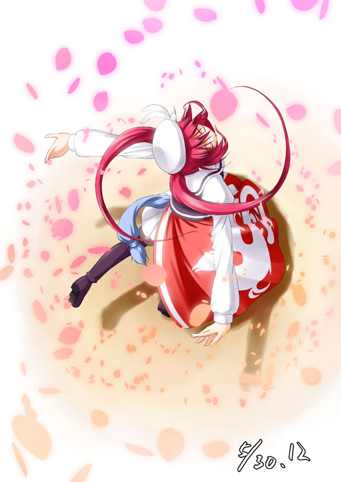 kazami haruki, original, 1girl, dancing, dress, female focus, hat, petals, red hair, solo, twintails
