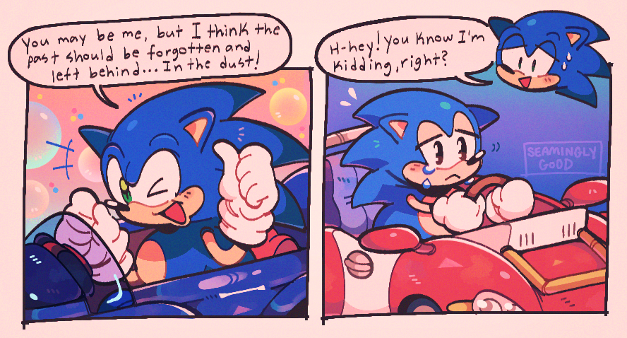 jill (seaminglygood), sonic the hedgehog, sonic (series), sonic generations, sonic racing: crossworlds, sonic the hedgehog (classic), 2boys, :<, black eyes, blue car, blue fur, car, crying, crying with eyes open, dual persona, english text, frown, gloves, green eyes, hedgehog boy, motor vehicle, multiple boys, one eye closed, red car, smile, tears, thumbs up