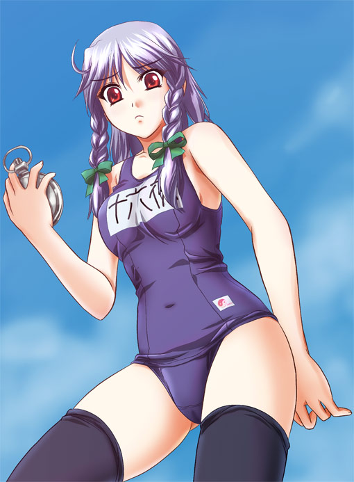 yamaguchi takashi, yamaguchi yuu, izayoi sakuya, touhou, 1girl, black thighhighs, braid, female focus, name tag, one-piece swimsuit, pocket watch, purple one-piece swimsuit, purple school swimsuit, red eyes, school swimsuit, solo, swimsuit, thighhighs, twin braids, watch