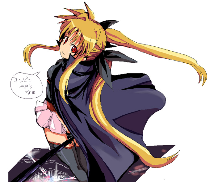 kurosho, bardiche (nanoha), fate testarossa, lyrical nanoha, mahou shoujo lyrical nanoha, 00s, 1girl, belt, blonde hair, cape, electricity, female focus, fingerless gloves, gloves, japanese text, looking at viewer, magical girl, miniskirt, red eyes, rod, skirt, solo, thighhighs, twintails