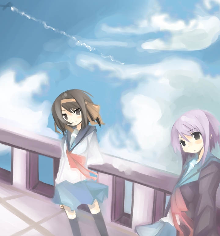 kanikama, nagato yuki, suzumiya haruhi, suzumiya haruhi no yuuutsu, 00s, brown hair, school uniform, serafuku, short hair, thighhighs