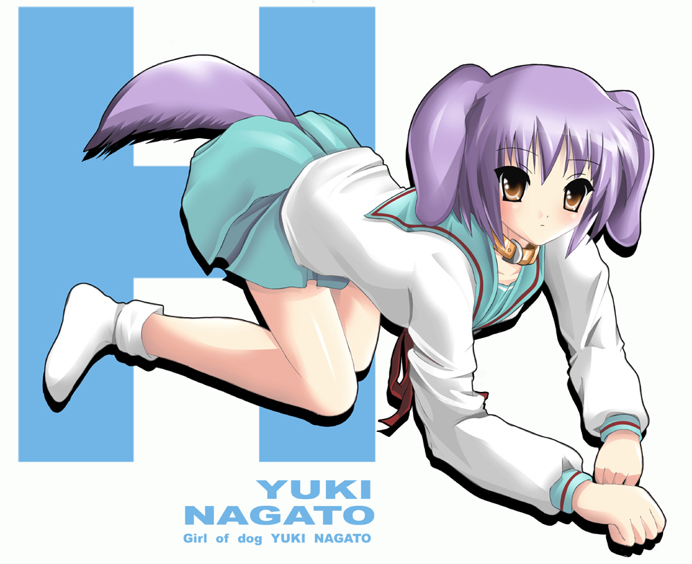 kichikuouji, nagato yuki, suzumiya haruhi no yuuutsu, 00s, animal ears, dog ears, dog tail, school uniform, serafuku, solo, tail