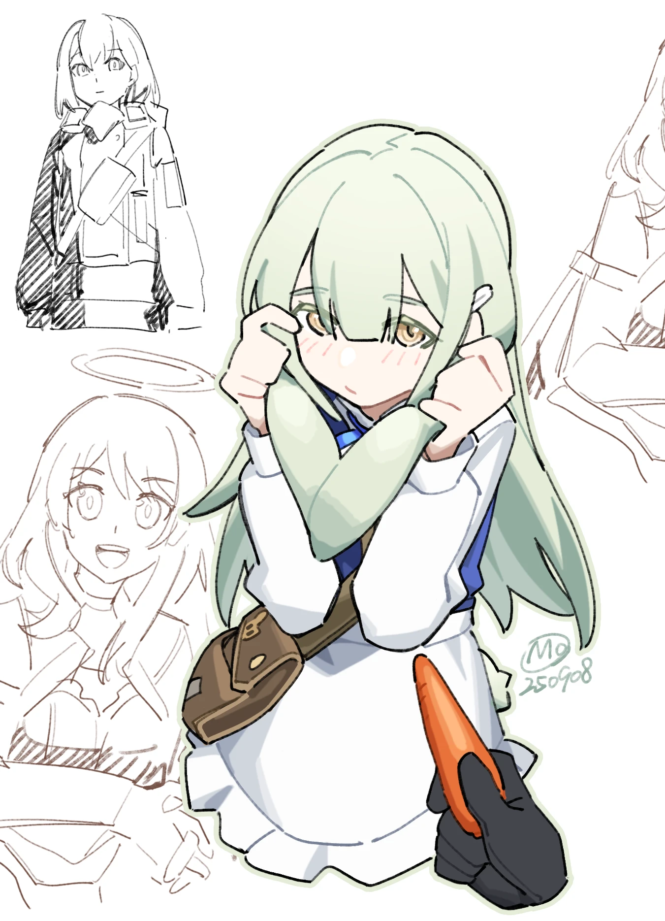 mochusama, wakaba mutsumi, arknights, bang dream!, bang dream! it's mygo!!!!!, character request, highres, 1other, animal ears, blunt bangs, brown bag, carrot, closed mouth, dress, floppy ears, green hair, hair between eyes, halo, hands up, holding, holding carrot, holding own ears, long hair, long sleeves, looking at viewer, multiple girls, multiple views, offering food, open mouth, pov, pov hands, rabbit ears, rabbit girl, sidelocks, smile, wakaba mutsumi (marionette's id), white background, white dress, yellow eyes