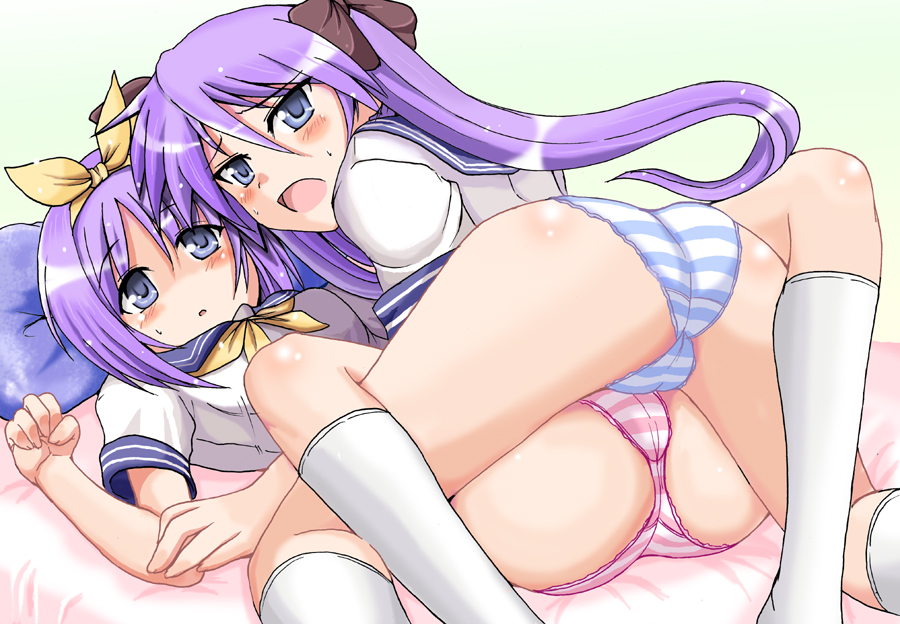 yasakani an, hiiragi kagami, hiiragi tsukasa, lucky star, white legwear, 00s, 2girls, ass, blue eyes, cameltoe, caught, dry humping, hair ribbon, hairband, humping, incest, kneehighs, long hair, looking at viewer, multiple girls, no pants, open mouth, panties, purple hair, ribbon, school uniform, serafuku, short hair, siblings, sisters, socks, striped clothes, striped panties, take your pick, trefoil, twincest, twins, underwear, yuri