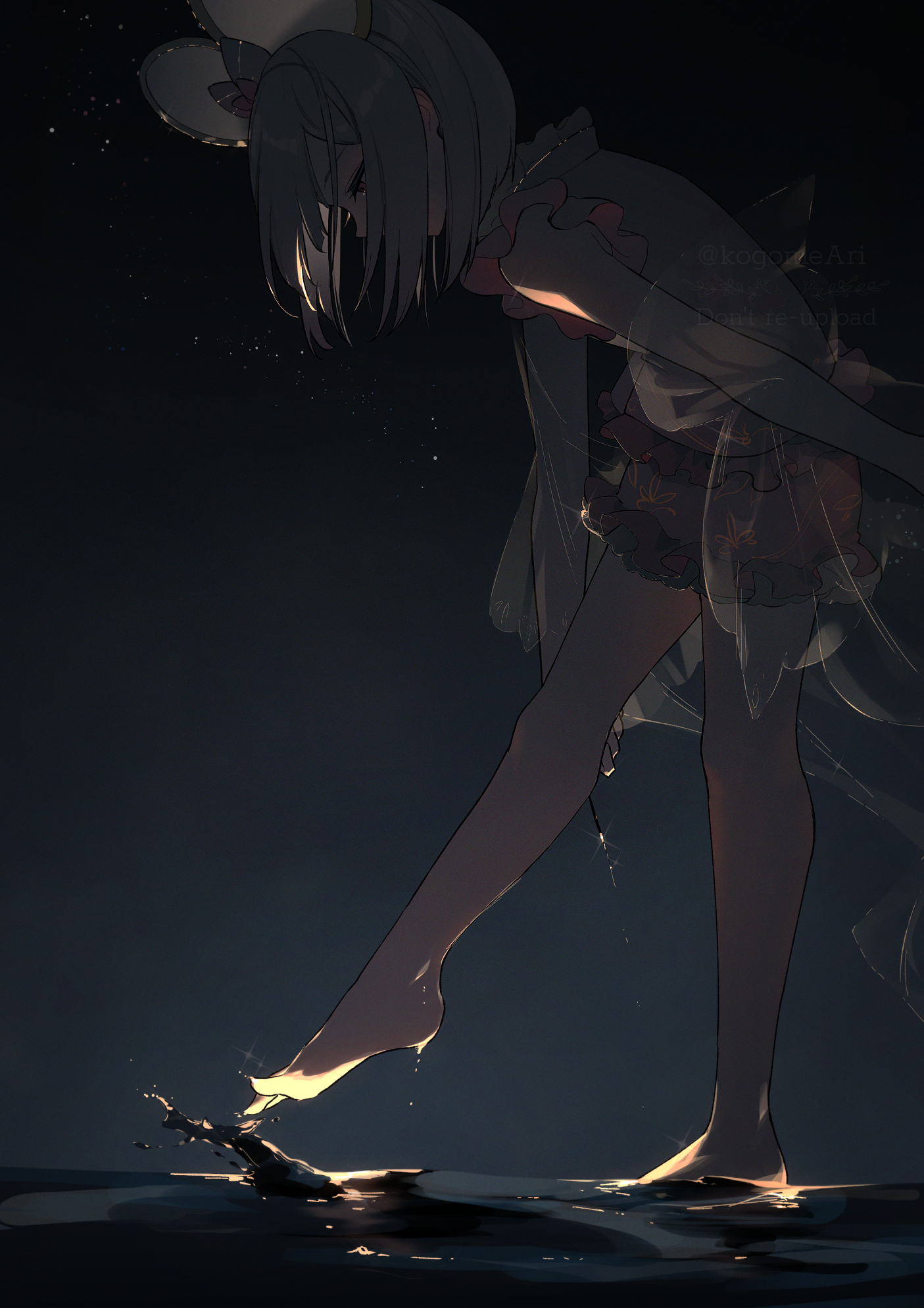 kogome (azalea4), vikala (granblue fantasy), granblue fantasy, highres, 1girl, backlighting, bare legs, barefoot, black dress, dark, dark background, dress, dripping, fireworks, foot out of frame, foot up, frilled shirt, frilled shorts, frills, from side, glint, head out of frame, holding, leaning forward, light particles, looking down, pink shorts, profile, see-through clothes, shirt, short hair, shorts, sleeveless, sleeveless shirt, solo, sparkle, sparkler, standing, standing on one leg, water drop