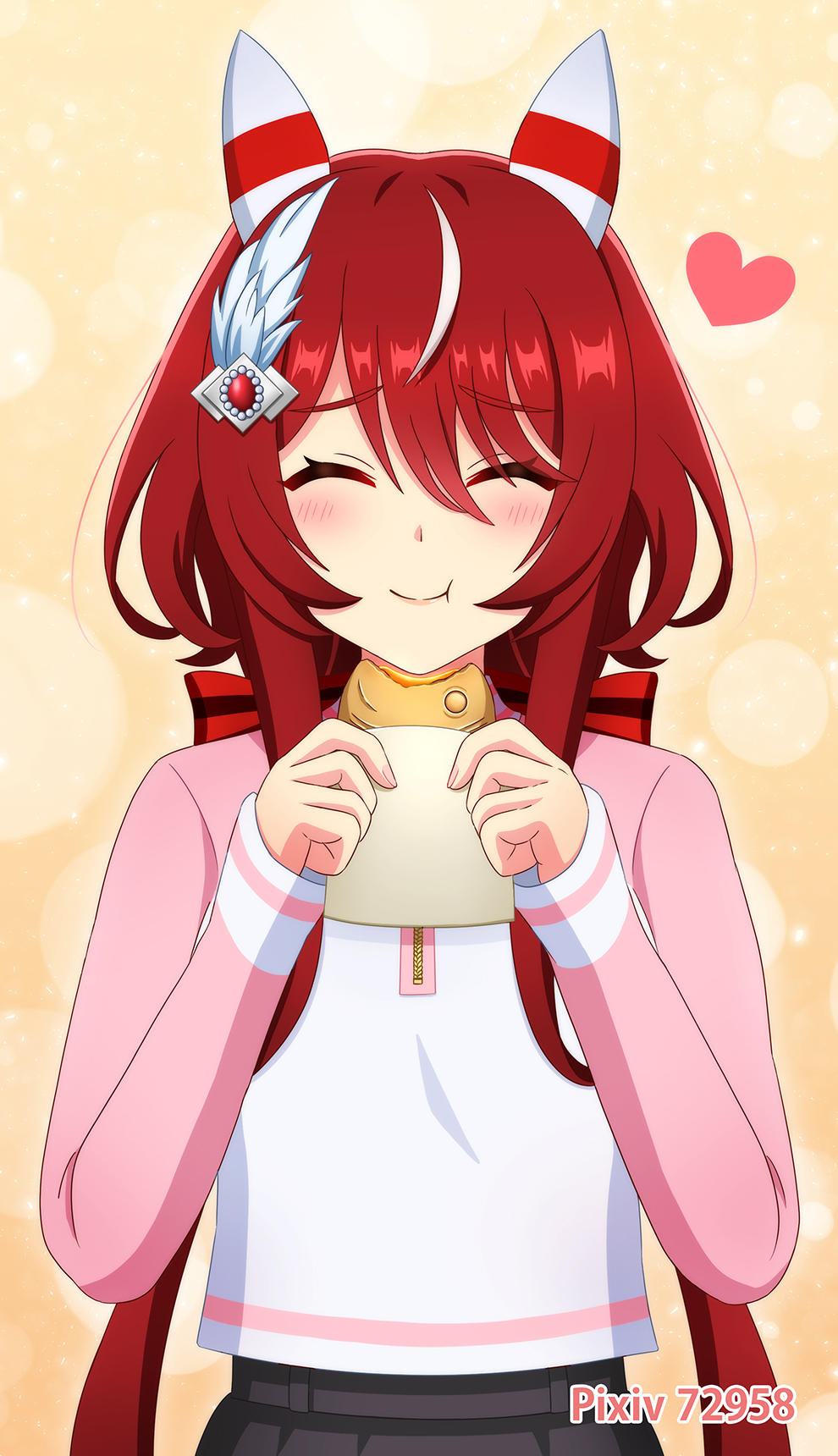 kasumi uzuki, win variation (umamusume), umamusume, commentary request, highres, 1girl, animal ears, blush, bow, breasts, casual, closed eyes, ear covers, eating, facing viewer, feather hair ornament, feathers, food, hair between eyes, hair bow, hair ornament, heart, holding, holding food, horse ears, horse girl, long sleeves, looking at viewer, low twintails, multicolored hair, pixiv id, raglan sleeves, red bow, red hair, small breasts, solo, streaked hair, taiyaki, twintails, upper body, wagashi, white hair