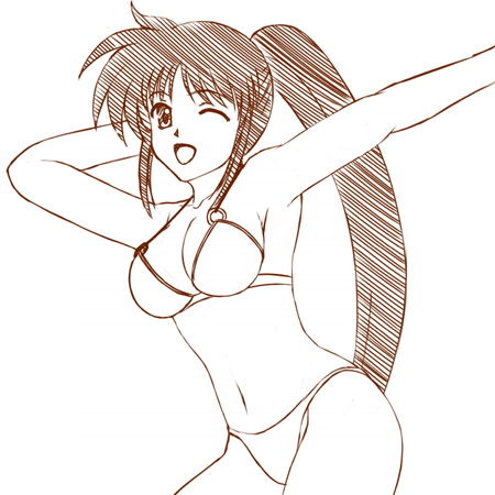 takamachi nanoha, lyrical nanoha, mahou shoujo lyrical nanoha, mahou shoujo lyrical nanoha strikers, lowres, 00s, armpits, bikini, monochrome, one eye closed, ponytail, solo, swimsuit, wink