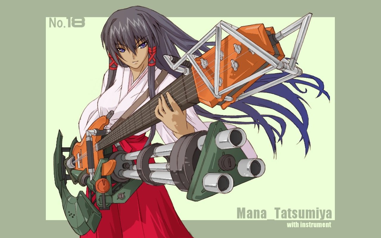 haruka shiya, tatsumiya mana, mahou sensei negima!, 00s, 1girl, black hair, dark-skinned female, dark skin, female focus, gatling gun, guitar, gun, hakama, hakama skirt, instrument, japanese clothes, kimono, long hair, miko, purple eyes, red hakama, skirt, solo, weapon